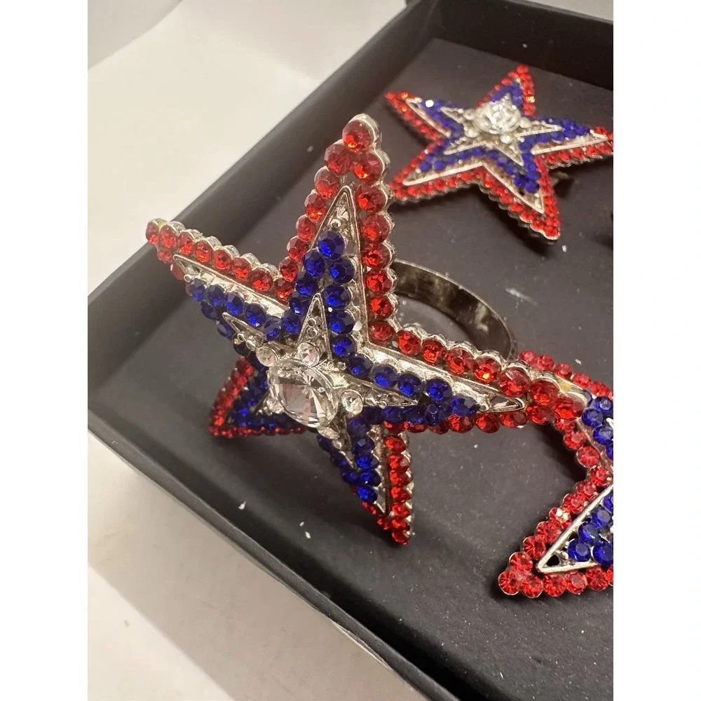 Storehouse Patriotic Star 4th of July Red Blue Jeweled Rhinestones Napkin Rings